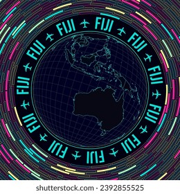 Fiji on globe. Satelite view of the world centered to Fiji. Bright neon style. Futuristic radial bricks background. Powerful vector illustration.