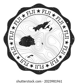 Fiji outdoor stamp. Round sticker with map of country with topographic isolines. Vector illustration. Can be used as insignia, logotype, label, sticker or badge of the Fiji.