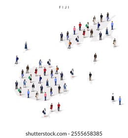Fiji population map. Large group of realistic a diverse crowd of people figures in a shape of Fijian map. Flat vector illustration isolated on white.