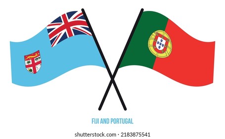 Fiji and Portugal Flags Crossed And Waving Flat Style. Official Proportion. Correct Colors.