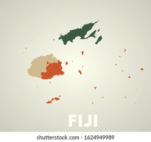 Fiji poster in retro style. Map of the country with regions in autumn color palette. Shape of Fiji with country name. Modern vector illustration.