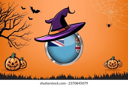 fiji round flag with Happy Halloween banner or party invitation background. bats, spiders and pumpkins, orange background