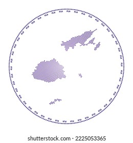 Fiji round logo. Digital style shape of Fiji in dotted circle with country name. Tech icon of the country with graduated dots. Creative vector illustration.