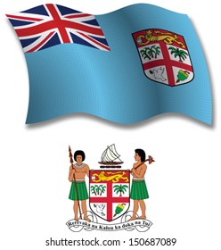 fiji shadowed textured wavy flag and coat of arms against white background, vector art illustration, image contains transparency transparency