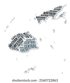 Fiji shape text cloud. Country border with shadow on white background. Fiji with regions division in vintage gazette style. Trending vector illustration.