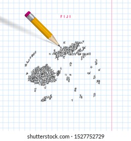Fiji sketch scribble map drawn on checkered school notebook paper background. Hand drawn vector map of Fiji. Realistic 3D pencil with rubber.