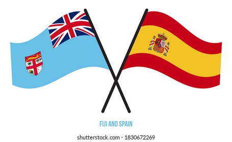 Fiji and Spain Flags Crossed And Waving Flat Style. Official Proportion. Correct Colors.