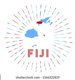 Fiji sunburst badge. The country sign with a map of Fiji and the Fijian flag. Colorful rays around the logo. Vector illustration.