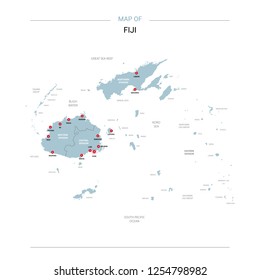 Fiji vector map. Editable template with regions, cities, red pins and blue surface on white background. 