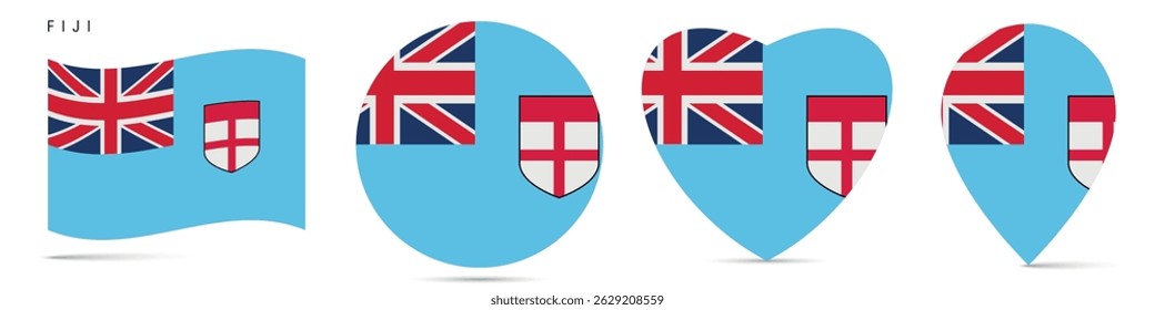 Fiji waving flag, round circle sticker badge, heart shaped icon, map pin. Fijian flag buttons of different shapes. Vector illustration isolated on white.