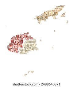 In: Fiji Word Cloud. Country-Form mit Bereichsunterteilung. Fidschi Typografie Stil Bild. Regionsnamen kennzeichnen Wolken. Vektorillustration.