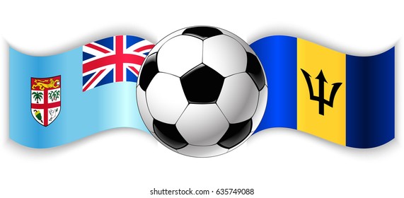 Fijian and Barbadian wavy flags with football ball. Fiji combined with Barbados isolated on white. Football match or international sport competition concept.