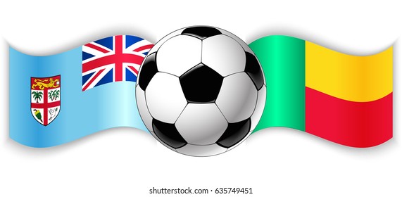 Fijian and Beninese wavy flags with football ball. Fiji combined with Benin isolated on white. Football match or international sport competition concept.