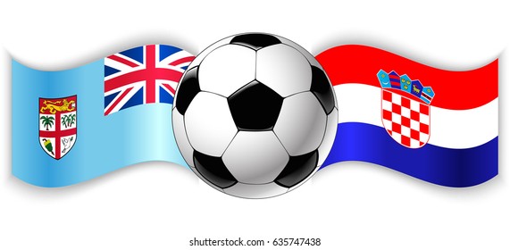 Fijian and Croatian wavy flags with football ball. Fiji combined with Croatia isolated on white. Football match or international sport competition concept.