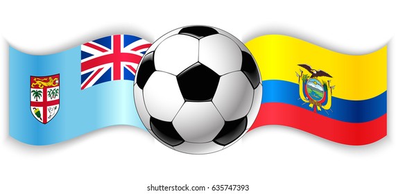 Fijian and Ecuadorian wavy flags with football ball. Fiji combined with Ecuador isolated on white. Football match or international sport competition concept.
