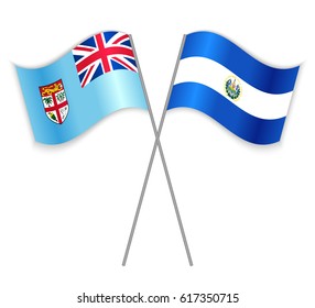 Fijian and Salvadoran crossed flags. Fiji combined with El Salvador isolated on white. Language learning, international business or travel concept.
