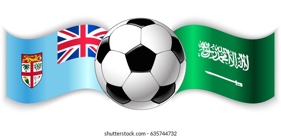 Fijian and Saudi Arabian wavy flags with football ball. Fiji combined with Saudi Arabia isolated on white. Football match or international sport competition concept.