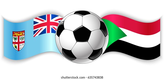 Fijian and Sudanese wavy flags with football ball. Fiji combined with Sudan isolated on white. Football match or international sport competition concept.