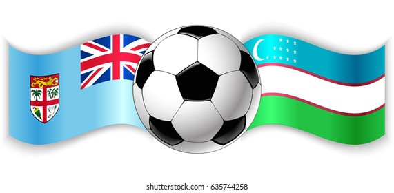 Fijian and Uzbek wavy flags with football ball. Fiji combined with Uzbekistan isolated on white. Football match or international sport competition concept.