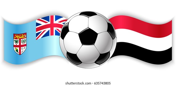 Fijian and Yemeni wavy flags with football ball. Fiji combined with Yemen isolated on white. Football match or international sport competition concept.