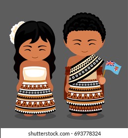 Fijians in national dress with a flag. Man and woman in traditional wedding costume. Travel to Fiji. People. Vector flat illustration.