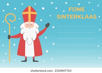 Fijne Sinterklaas (Happy Sinterklaas) greeting card. Dutch folklore character. Sinterklaas holding his staff on blue background with falling snow. Hand drawn vector illustration.