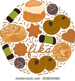 Concepto de tiempo Fika. Ilustración vectorial en forma de caricatura de dulces tradicionales en círculo.