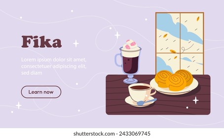 Fika time poster. Table with tea and croissants. Hot drink with pastry and bakery indoor. Landing webpage design. Cartoon flat vector illustration isolated on violet background