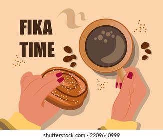 Fika Time. Woman Hands Holding a Cup of Coffee and Kanelbullar. Concept of a Cozy Coffee Time. Scandinavian. Top view. Seasonal clipart. Vector Illustration