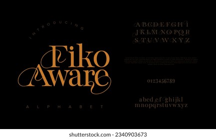 Fikoaware premium luxury elegant alphabet letters and numbers. Elegant wedding typography classic serif font decorative vintage retro. Creative vector illustration