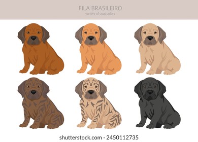 Fila Brasileiro puppy clipart. Different poses, coat colors set.  Vector illustration