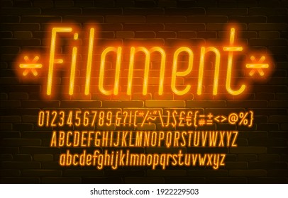 Filament alphabet font. Neon light simple letters, numbers and punctuation. Uppercase and lowercase. Stock vector typescript for your design.