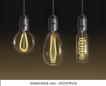 Filament bulbs set. Retro edison lamps, incandescent vintage lightbulbs of different shapes and forms with heated wire hanging from above isolated on dark background. Realistic 3d vector illustration