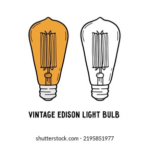 Glühlampe, Edison-Glühbirne aus Vintage mit Wolfram-Symbol, Vektorgrafik linear in Doodle-Skizze handgezeichnet