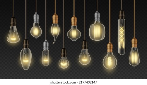 Filament lamps. Realistic incandescent light bulbs of different types and shapes, retro loft interior decoration lamp. Vector glowing vintage ceiling chandelier set of light incandescent illustration