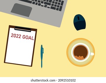 Archivo con gol 2022, teclado de computadora, café caliente y bolígrafo.
concepto de negocio.
vector de espacio de copia.
