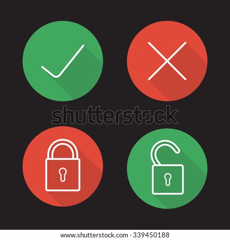 File access flat linear icons set. Accept and refuse symbols. Lock, unlock, approve, decline signs. Correct and incorrect long shadow outline pictograms. Vector line art illustrations on color circles