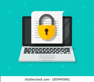 File access secure to confidential document online on laptop computer pc vector flat icon, digital web privacy protection, electronic safety data locked symbol modern design illustration