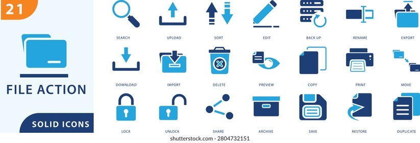 File action icon set featuring essential file management and document operation concepts. Includes icons for search, upload, download, edit, backup, copy, print, share, archive, save, and restore functions.
