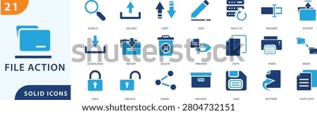 File action icon set featuring essential file management and document operation concepts. Includes icons for search, upload, download, edit, backup, copy, print, share, archive, save, and restore functions.