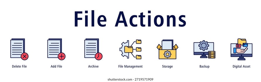Ilustración vectorial de iconos de Anuncio de Web de acciones de archivo con iconos de Borrar de archivo, agregar archivo, Archivar, administración de archivos, almacenamiento, copia de seguridad y activo digital.