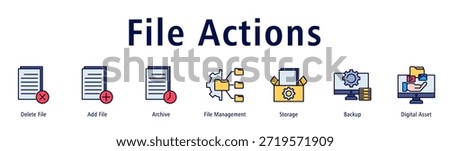 File Actions web banner icon vector illustration with icons of Delete File, Add File, Archive, File Management, Storage, Backup and Digital Asset.