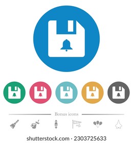 File alerts flat white icons on round color backgrounds. 6 bonus icons included.