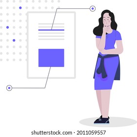file analysis concept flat design illustration, girl analysis the work, work analysis  