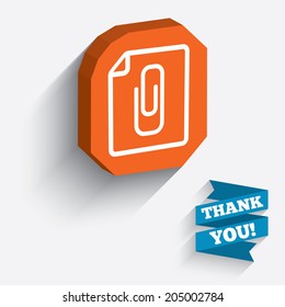 File annex icon. Paper clip symbol. Attach symbol. White icon on orange 3D piece of wall. Carved in stone with long flat shadow. Vector