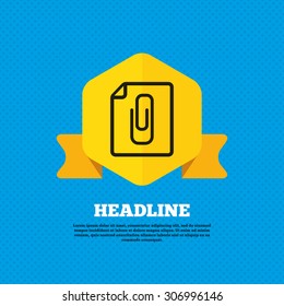 File annex icon. Paper clip symbol. Attach symbol. Yellow label tag. Circles seamless pattern on back. Vector