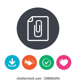 File annex icon. Paper clip symbol. Attach symbol. Download arrow, handshake, tick and heart. Flat circle buttons.
