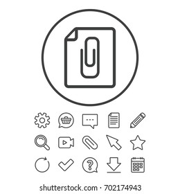 File annex icon. Paper clip symbol. Attach symbol. Document, Chat and Paper clip line signs. Question, Pencil and Calendar line icons. Star, Download and Shopping cart. Vector