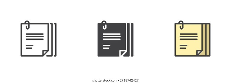 Icono de educación de datos adjuntos de archivo establecido en estilo colorido de contorno de línea, sólido y lleno. Signo y Vector del Clip del documento. Icono de Educación para tareas, estudio en línea y compartir archivos.