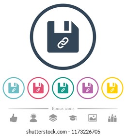 File attachment flat color icons in round outlines. 6 bonus icons included.
